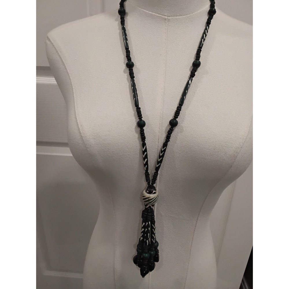 Tribal Batik Beaded‎ Tassel Necklace Black White Green Boho Statement Long